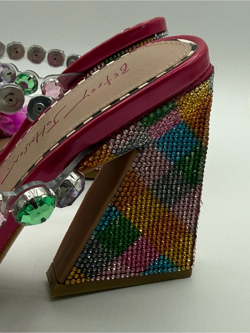 Betsey Johnson Attica Rhinestone Pink Embellished Sandals Pom Pom Statement Mule - Picture 15 of 17